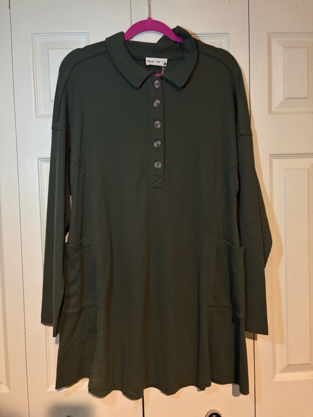 Waffle Knit Button Polo Tunic Dress - Olive Green